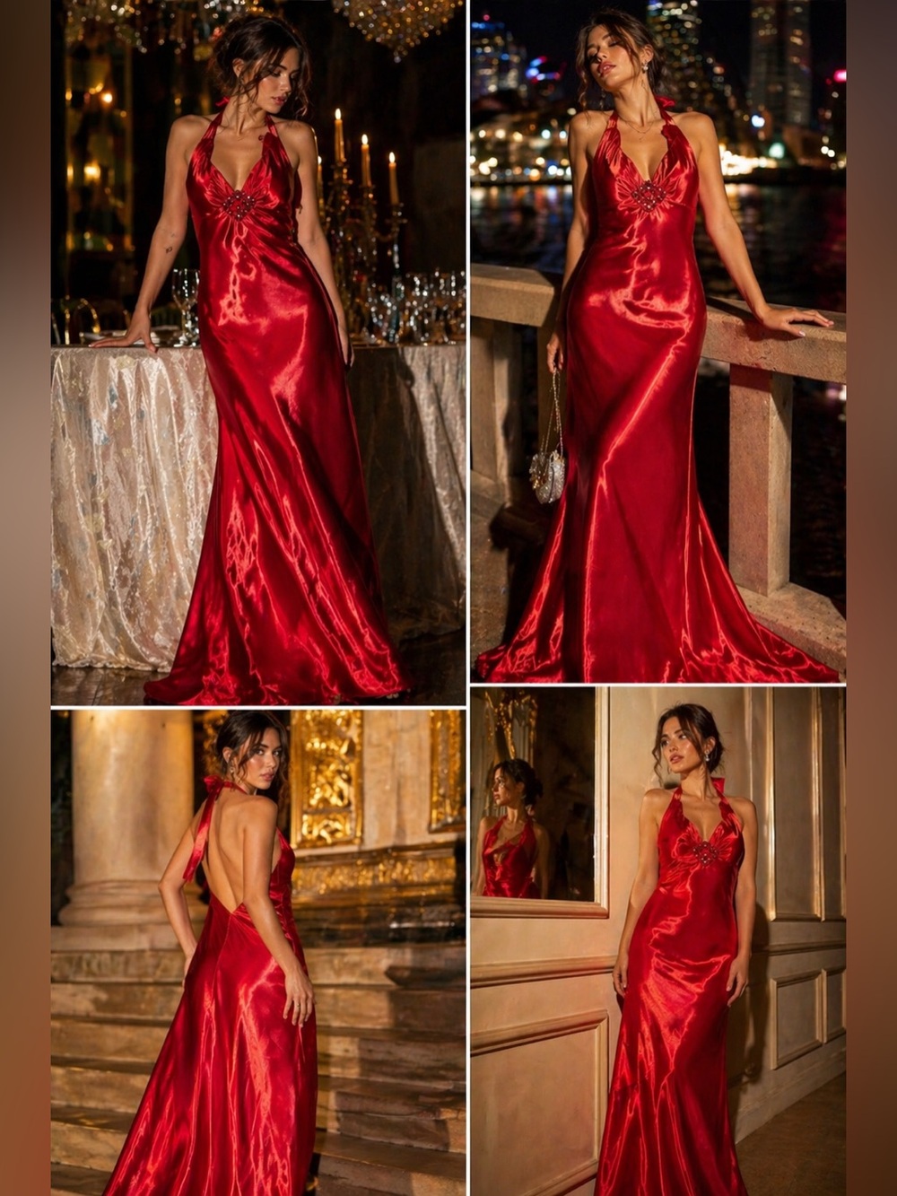 Jessica McClintock Gunne Sax Red Satin Halter Maxi Dress Y2K Formal Prom Vintage